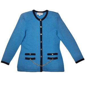 St. John Collection Light Blue & Black Santana Knit Wool Jacket with Gold Chain